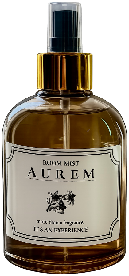 Aurem room mist in an amber glass bottle with a gold spray collar and cream label