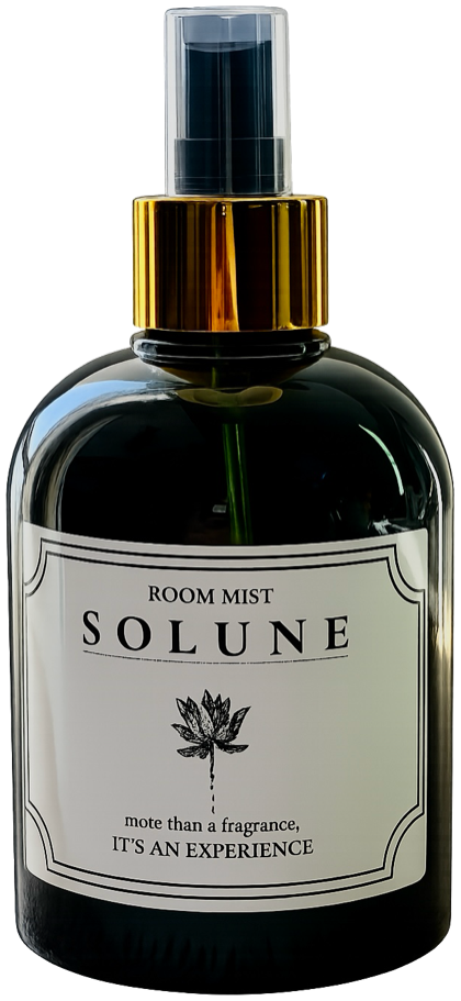 Solune room mist in a dark glass bottle with a gold spray collar and cream label