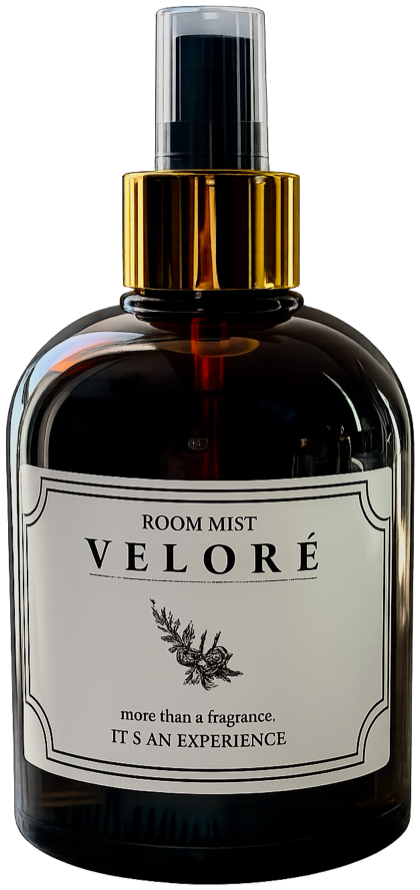 Veloré room mist in a deep green glass bottle with a gold spray collar and cream label