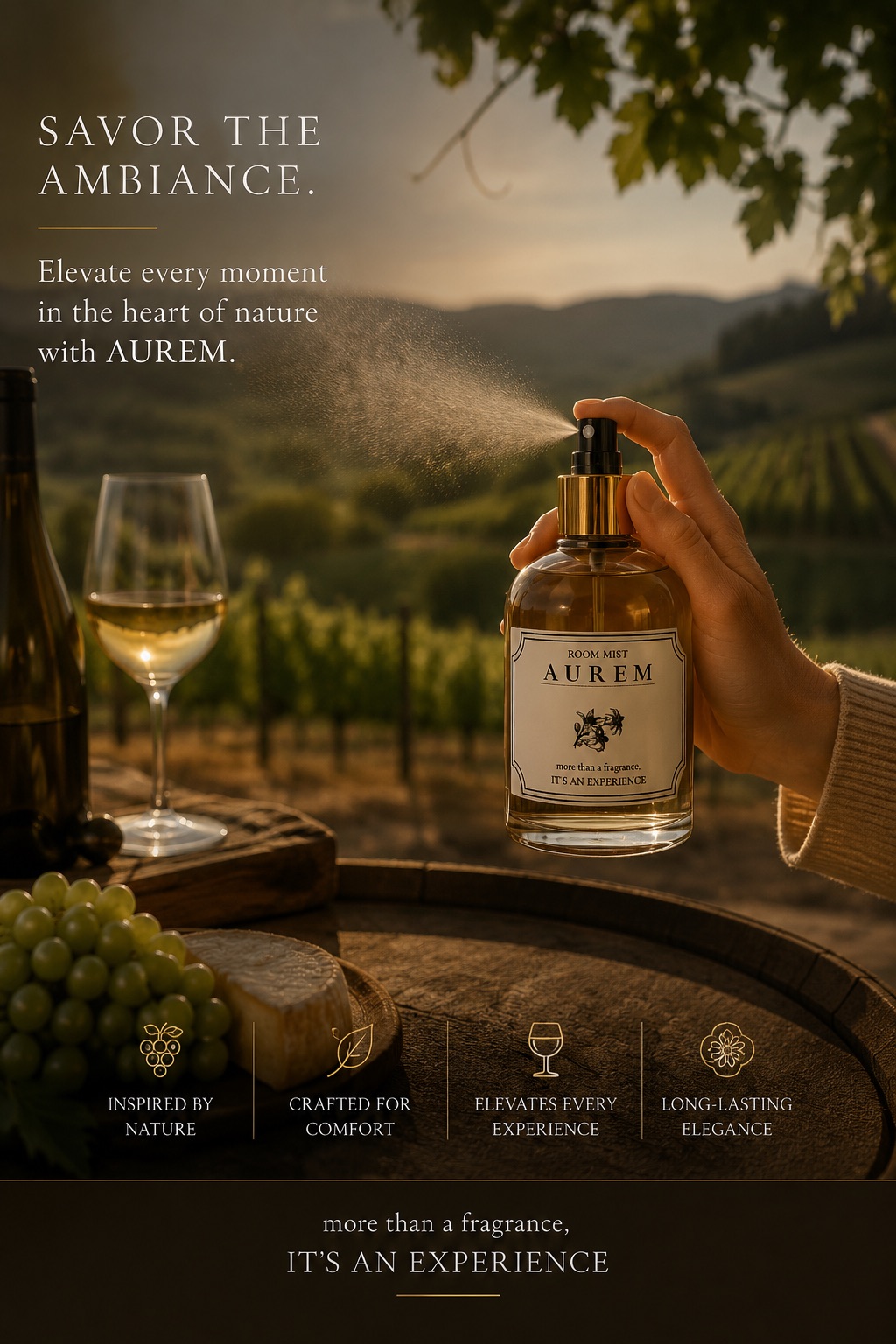 Aurem room mist being sprayed outdoors on a wine estate beside a glass of white wine