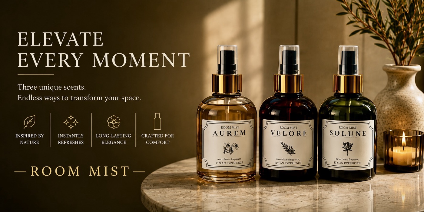 The three Vivere Bene room mists, Aurem, Veloré and Solune, on a marble table beside a candle