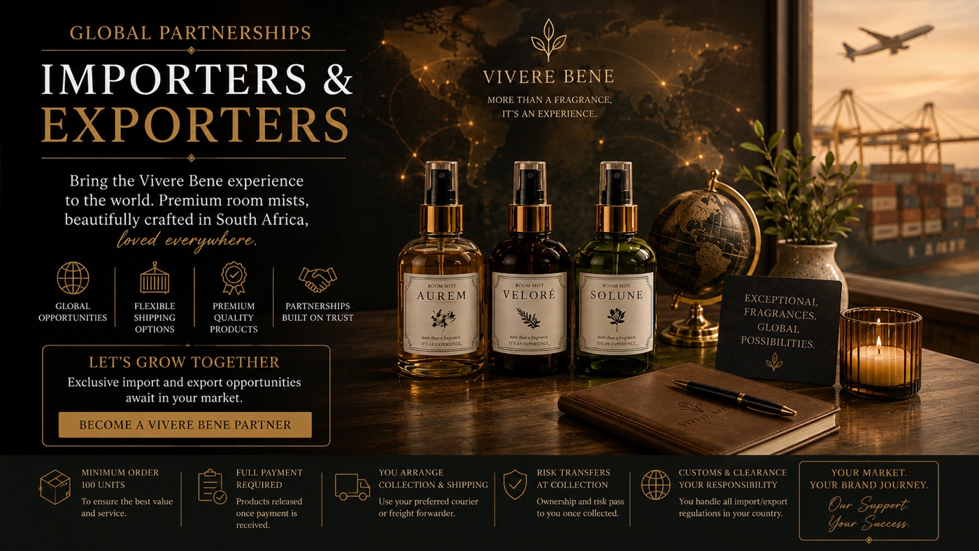 Global partnerships: Vivere Bene importers and exporters, with the room mists in front of a world map