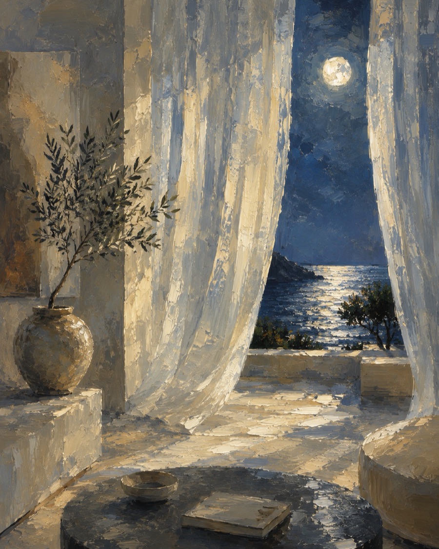 A painting of a moonlit terrace with sheer curtains, an olive tree and the sea beyond