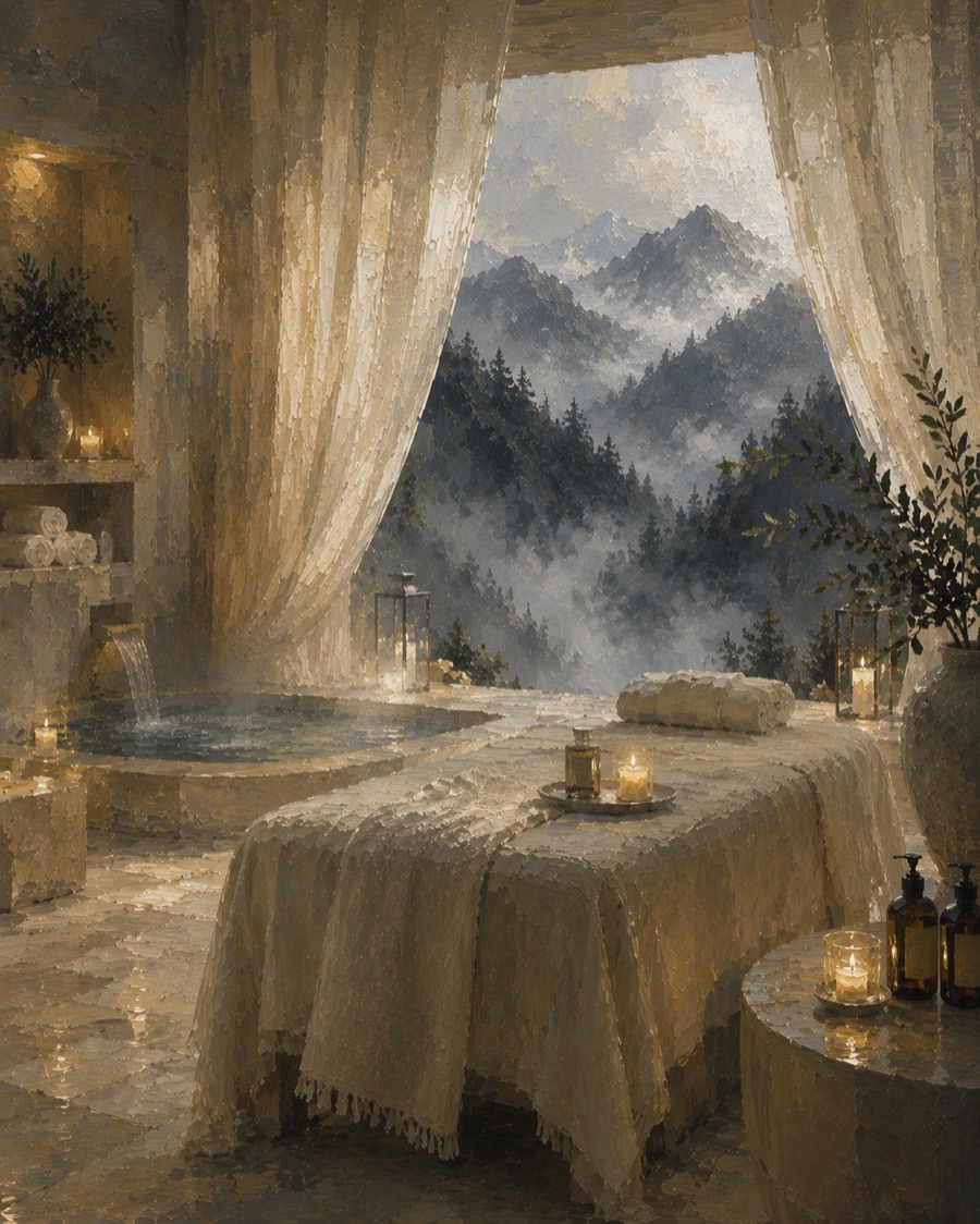 A painting of a candlelit spa room opening onto misty alpine peaks and evergreen forest