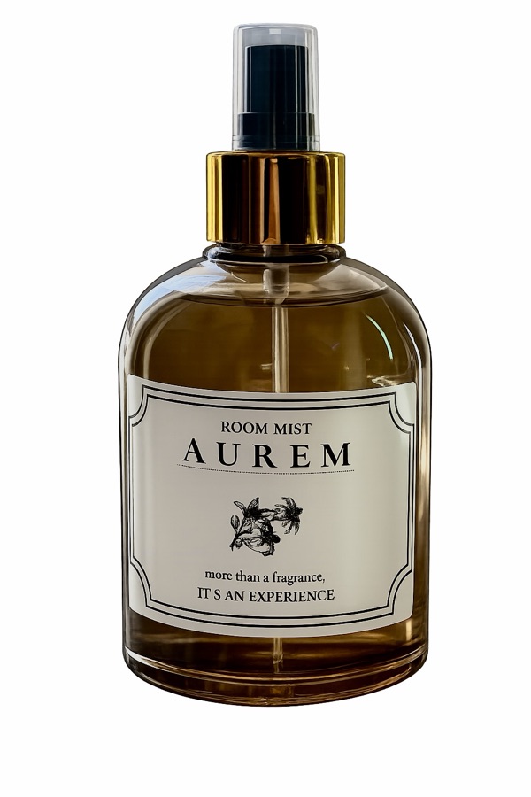 Aurem room mist in an amber glass bottle with a gold spray collar and cream label