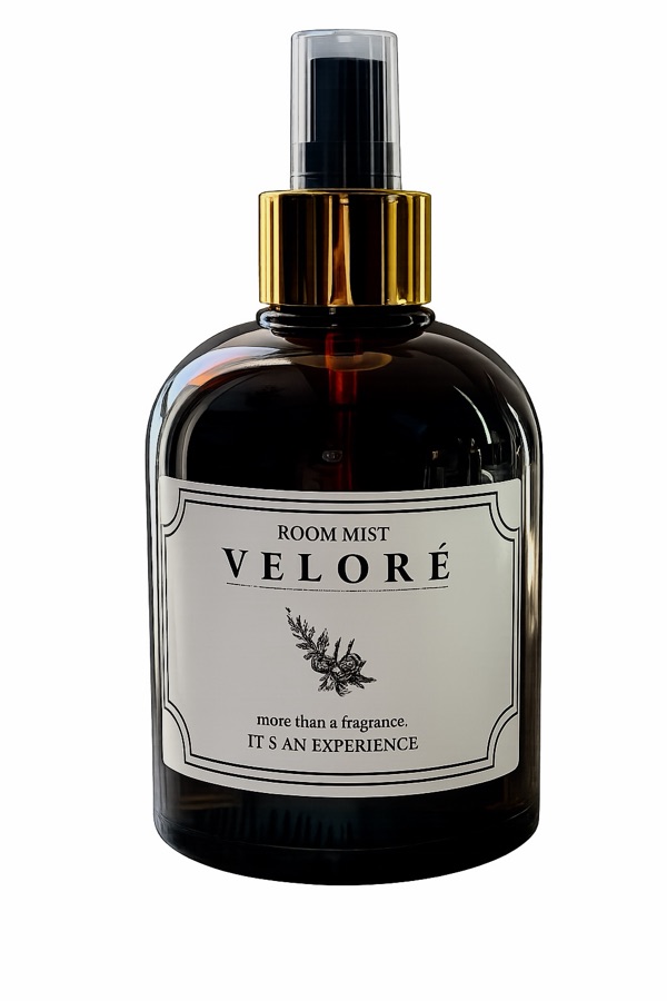 Veloré room mist in a deep green glass bottle with a gold spray collar and cream label